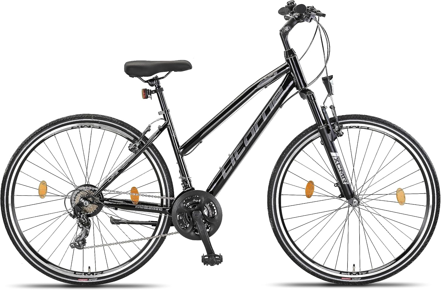 Licorne Bike Premium Trekking Bike in 28 Zoll - Fahrrad für Jungen, Mädchen, Damen und Herren - Shimano 21 Gang-Schaltung - Mountainbike - Crossbike - Life-L-V - Schwarz/Grau