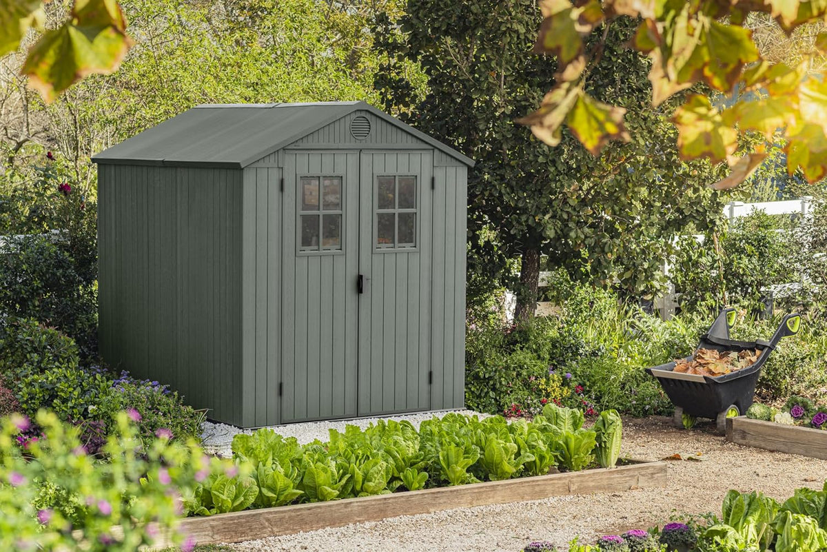 Keter Gartenhaus Darwin 6 x 8, Holzoptik, Farbe Salbeigrün, 4,5 m², 190 x 244 x 221 cm