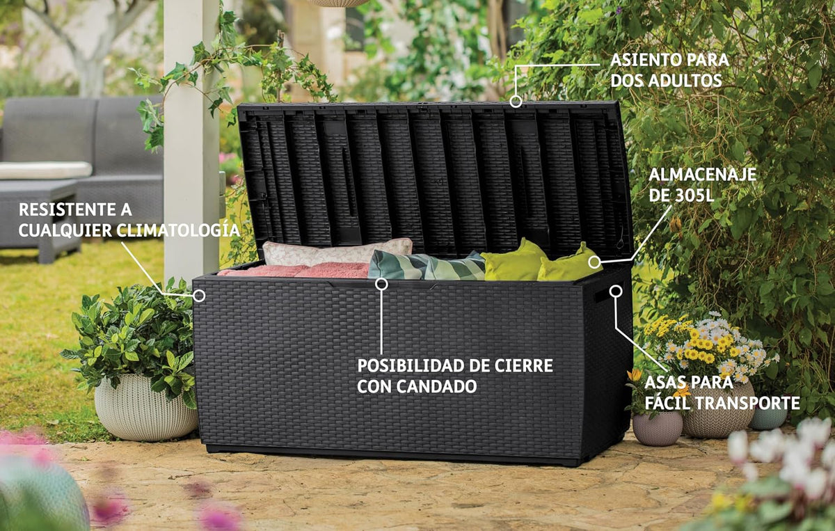 Keter Gartenbox Capri , 305 Liter Stauraum, Aufbewahrungsbox für den Garten, Braun, kompakte Auflagenbox, wasserdicht, perfekt für Sitzauflagen, Gartengeräte oder Spielzeug