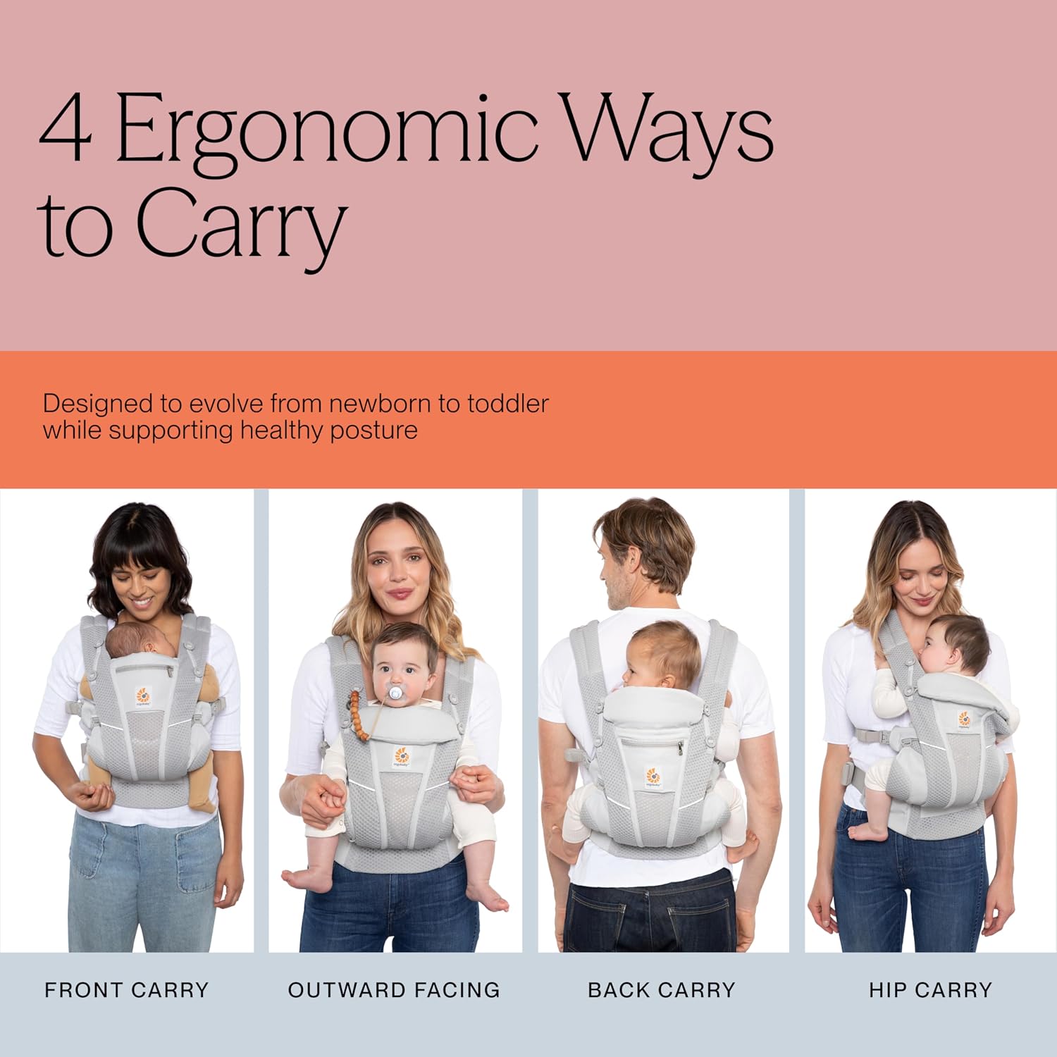 Ergobaby Omni Breeze Babytrage für Neugeborene ab Geburt bis 20kg, 4 Positionen SoftFlex Mesh Ergonomische Babybauchtrage Rückentrage Baby-Tragetasche, Graphite Grey