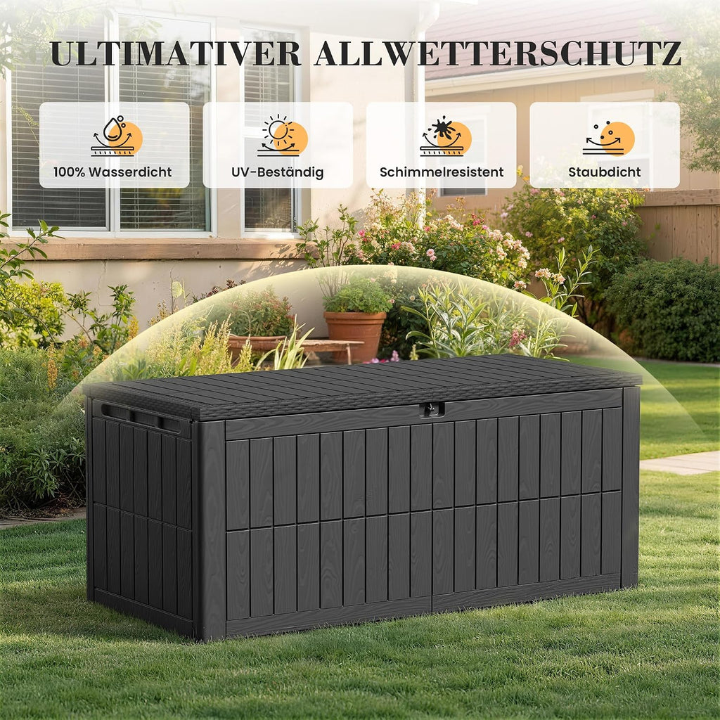 Amopatio Auflagenbox 680 Liter, Gartenbox XXL Wasserdicht aus Resin, Kissenbox für Balkon, Garten & Terrasse, Aufbewahrungsbox Wetterfeste mit Gasdruckfeder, Schwarz
