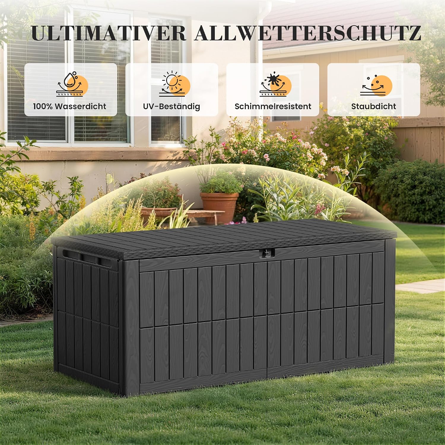 Amopatio Auflagenbox 680 Liter, Gartenbox XXL Wasserdicht aus Resin, Kissenbox für Balkon, Garten & Terrasse, Aufbewahrungsbox Wetterfeste mit Gasdruckfeder, Schwarz