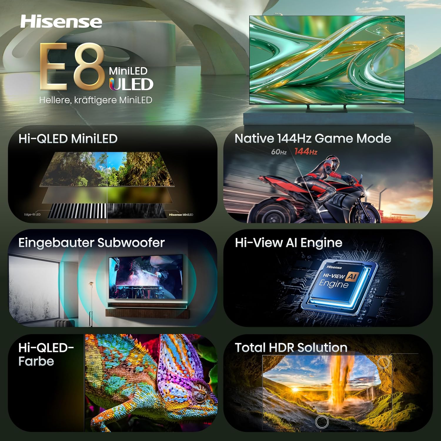 Hisense 55E8DS Fernseher 55 Zoll, 4K UHD, Hi-QLED Mini LED, Smart TV, 144Hz, Hi-View AI Engine, Dolby Vision.Atmos, Unibody Slim, FreeSync Premium, AI-Lichtsensor, Game Bar, Tuned by Devialet