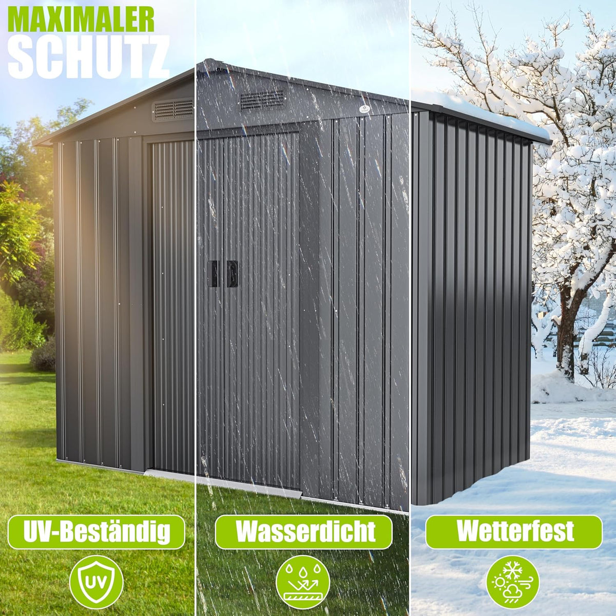 KESSER® XL Metall Gerätehaus 4,2m³ mit Fundament | Inkl. Arbeitshandschuhe | 195x131x186cm | 2X Schiebetür & Fundament | Geräteschuppen | Gartenhaus Schrank | Satteldachdach Garten Schuppen Anthrazit