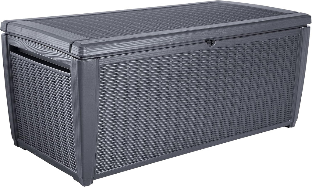 Keter Sumatra Auflagenbox, Kissenbox für draußen, 511 L, wetterfest, Deckel mit Gasdruckfeder, Außenmaße:145x73x64 cm, Sitzgelegenheit für 2 Personen Graphit