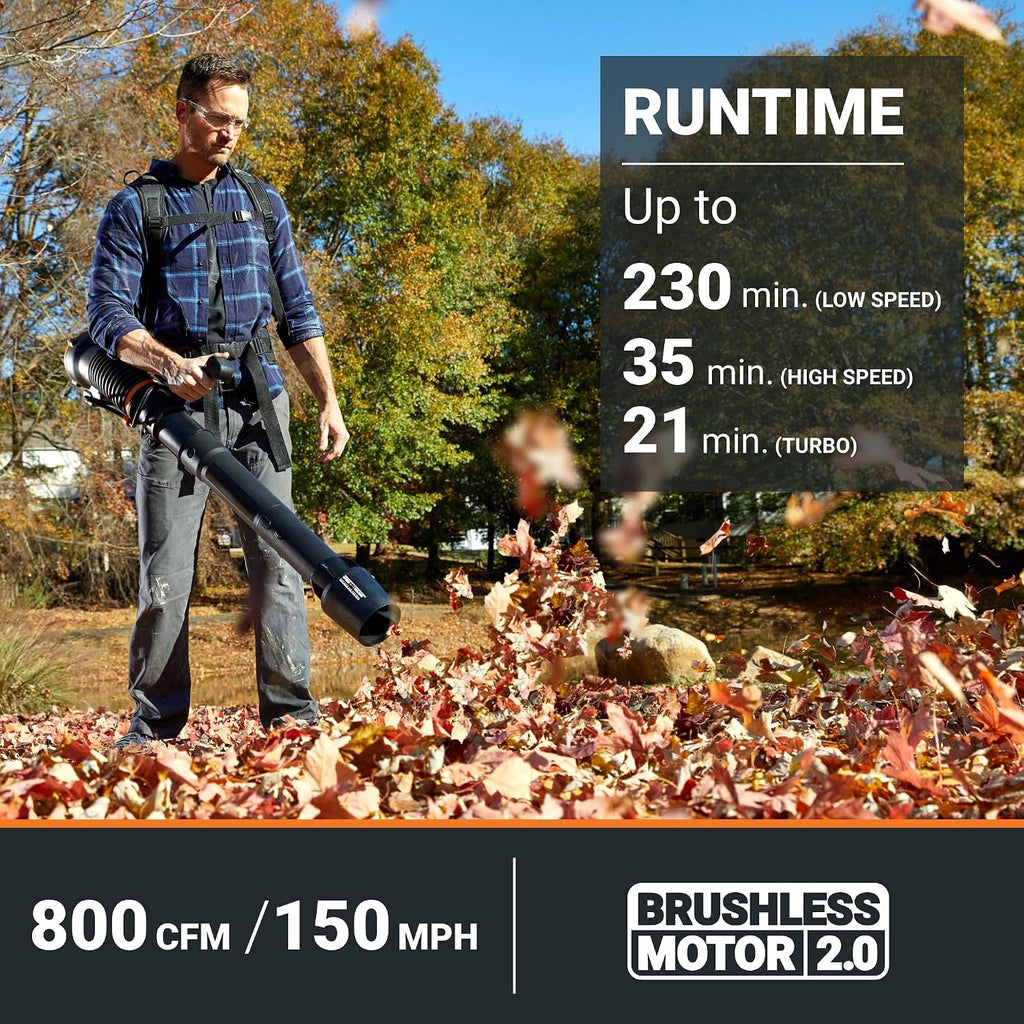 WORX Nitro 80V Akku-Laubbläser, 800 CFM 150 MPH, bürstenloser Rucksack, elektrischer Laubbläser WG572, Turbinenventilator, Variable Luftregelung, 4 PowerShare-Akkus, Basecamp-Ladegerät inklusive