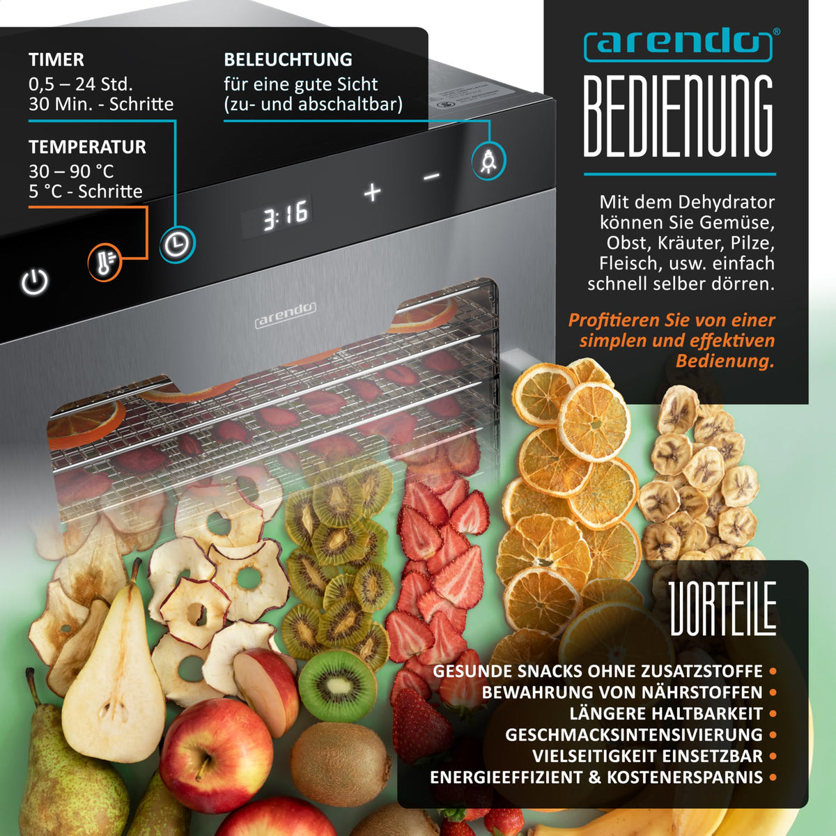 Arendo - Stainless steel dehydrator 8-fold - 500 watts with temperature control - dehydrator for food meat fruits fruit mushrooms - timer up to 24 hours - 8 compartments - GS - dehydratoro