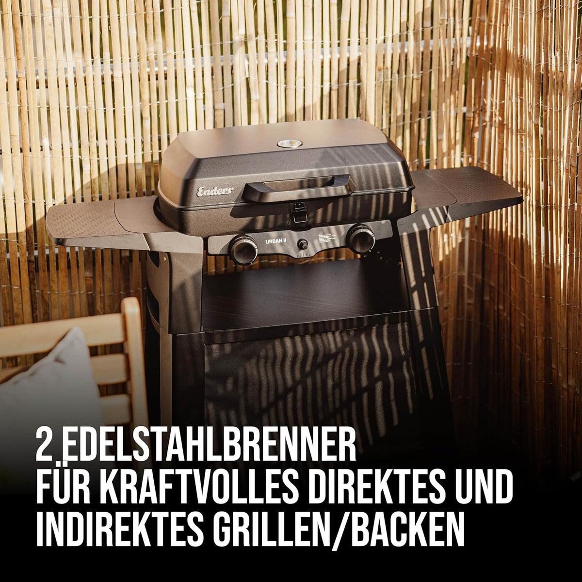 Enders Urban II Trolley, Tischgrill mit Trolley, Grillen-, Kochen- und Backen Funktion, 2 Brenner Edelstahl, mit Grill-Thermometer, Balkon-, Camping-Grill, Aluguss-Gehäuse, Gusseisen-Rost #207072