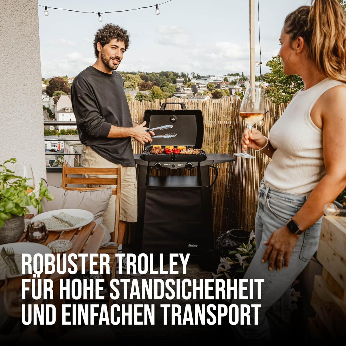 Enders Urban II Trolley, Tischgrill mit Trolley, Grillen-, Kochen- und Backen Funktion, 2 Brenner Edelstahl, mit Grill-Thermometer, Balkon-, Camping-Grill, Aluguss-Gehäuse, Gusseisen-Rost #207072