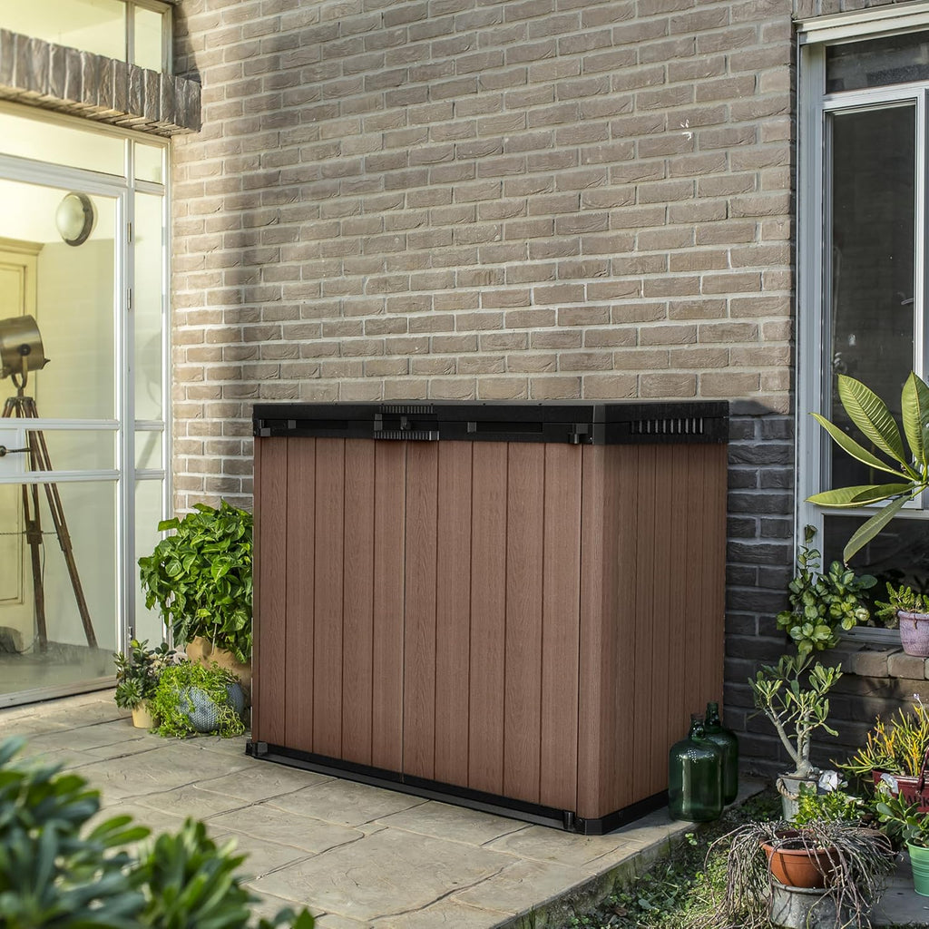 KETER Store-It-Out Darwin Mülltonnenbox, 1150L Gartenbox mit Holz-Look, Aufbewahrungsschrank für 2X 240L Mülltonnen, abschließbar, wetterbeständig, braun, 141x82x120 cm