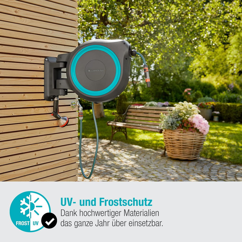 Gardena Wand-Schlauchbox Rollup XL (türkis) 35 m: flexible Bewässerung für große Gärten, Schwenkbare Schlauchbox, inkl. 35 m Gardena Qualitätsschlauch und Montagehilfe (18630-20), Black