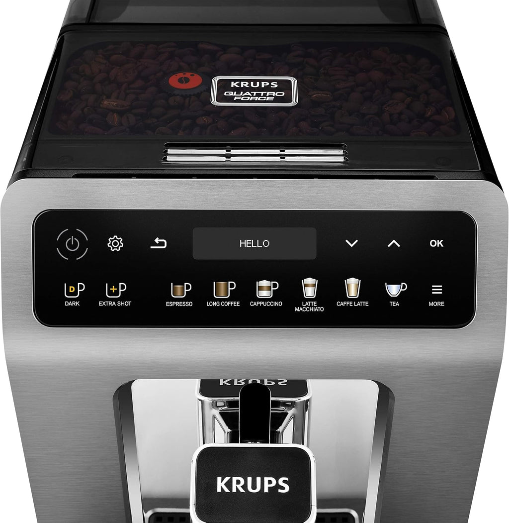 Krups Evidence Plus Kaffeevollautomat mit Milchschlauch, 19 Getränke, 2-Tassen-Funktion, Farbdisplay, Kaffeemaschine, TÜV-Siegel, Silber, EA894T10, Titanium-metallic
