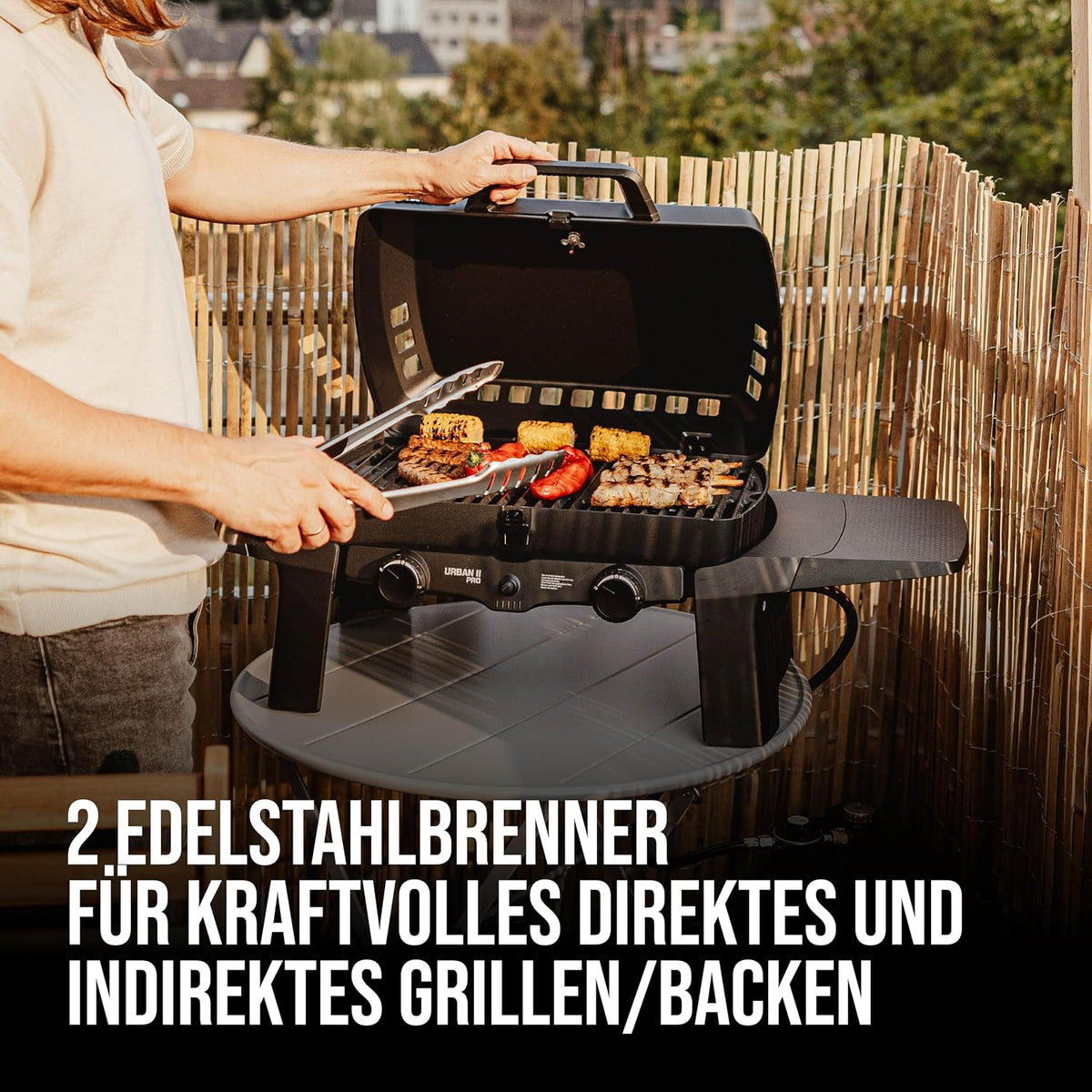 Enders Gasgrill Urban II, Tischgrill, Grillen-, Kochen- und Backen Funktion, 2 Brenner Edelstahl, mit Grill-Thermometer, Balkon-, Camping-Grill, Aluguss-Gehäuse, Gusseisen-Rost #2070