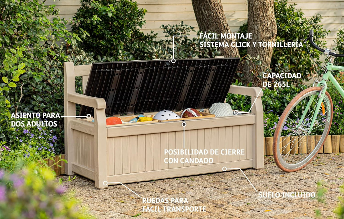 Keter Sitzbank Eden für Balkon und Garten, Gartenbank mit integrierter Kissenbox mit 265 l Stauraum, 140x60x84cm, wetterfest, pflegeleicht, beige, Outdoor, Holzoptik