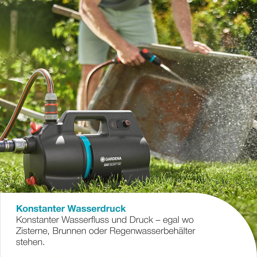 Gardena Akku-Gartenpumpe 3000 Silent 18V P4A Ready-To-Use Set: Leistungsstark, Leiser Betrieb, Regen- und UV-geschütztes Gehäuse, Trockenlaufsicherung, Kabellos (14610-20)