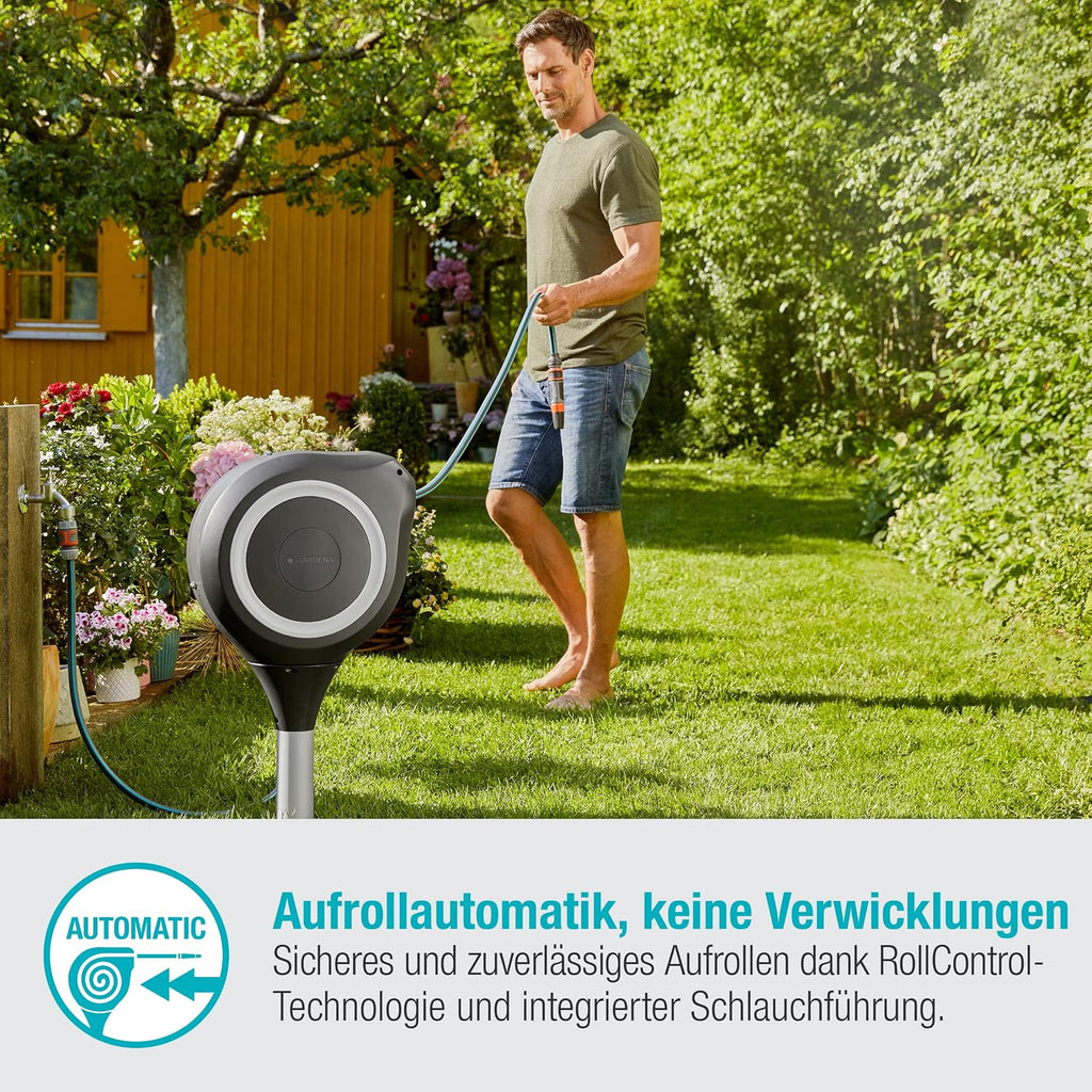 Gardena Garten - und Terrassen-Schlauchbox RollUp M: Wetterfeste Box mit RollUp-Technologie und 20 m Schlauch, Bewässerung von mittelgroßen Gärten mit Terrasse, automatisches Aufrollen (18615-20)
