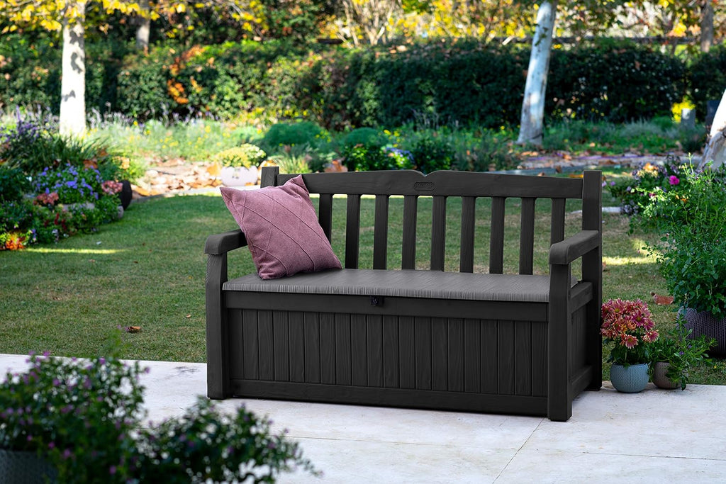 Keter Sitzbank Eden für Balkon und Garten, Gartenbank mit integrierter Kissenbox mit 265 l Stauraum, 140x60x84cm, wetterfest, pflegeleicht, grau, Outdoor, Holzoptik