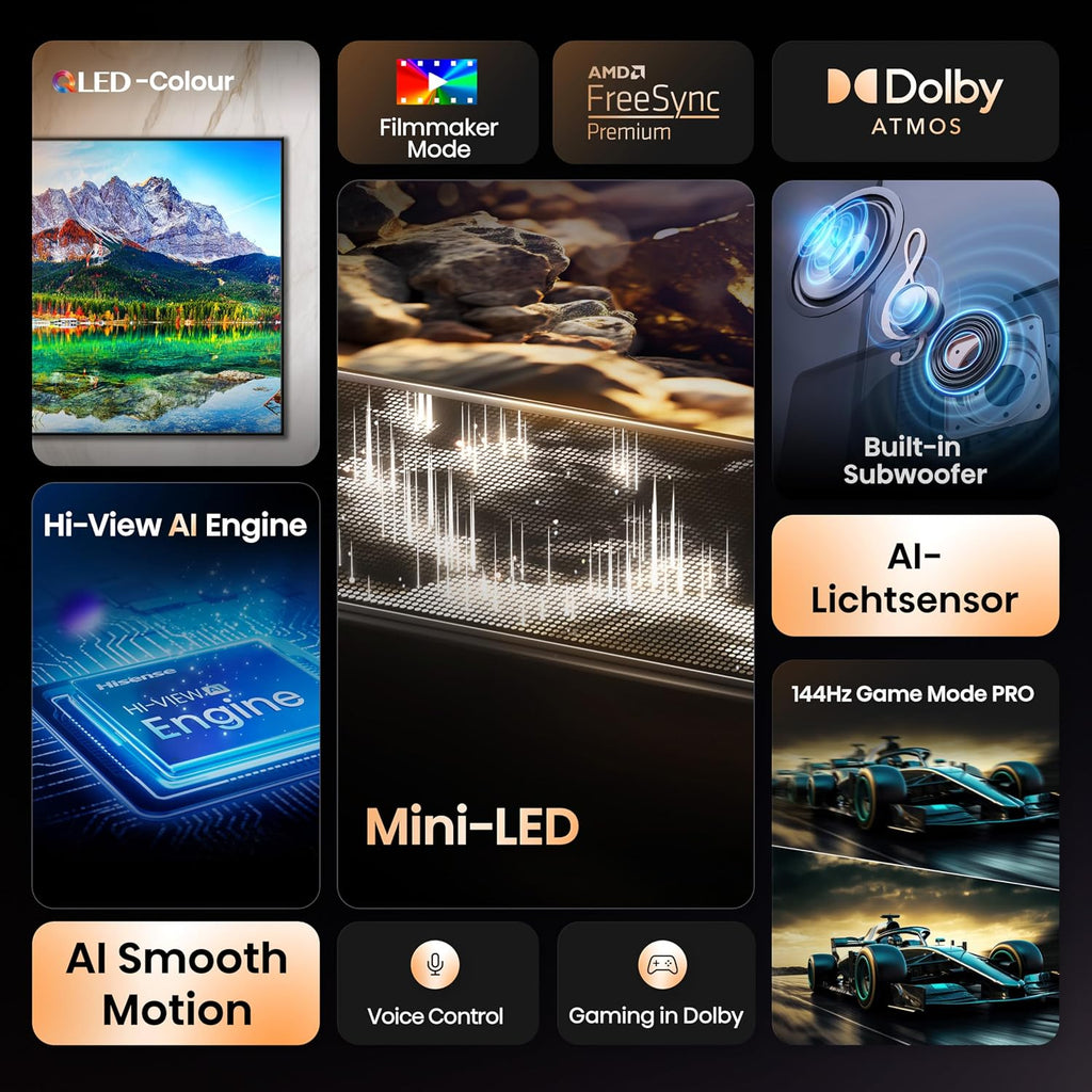 Hisense 55E89Q Fernseher, 55 Zoll (139cm), 4K ULED Mini LED, Smart TV, 144Hz Game Mode PRO, Hi-View AI Engine, AI Smoothmotion, Built-in Subwoofer, Dolby Vision.Atmos, Filmmaker Mode, Hi-Concerto
