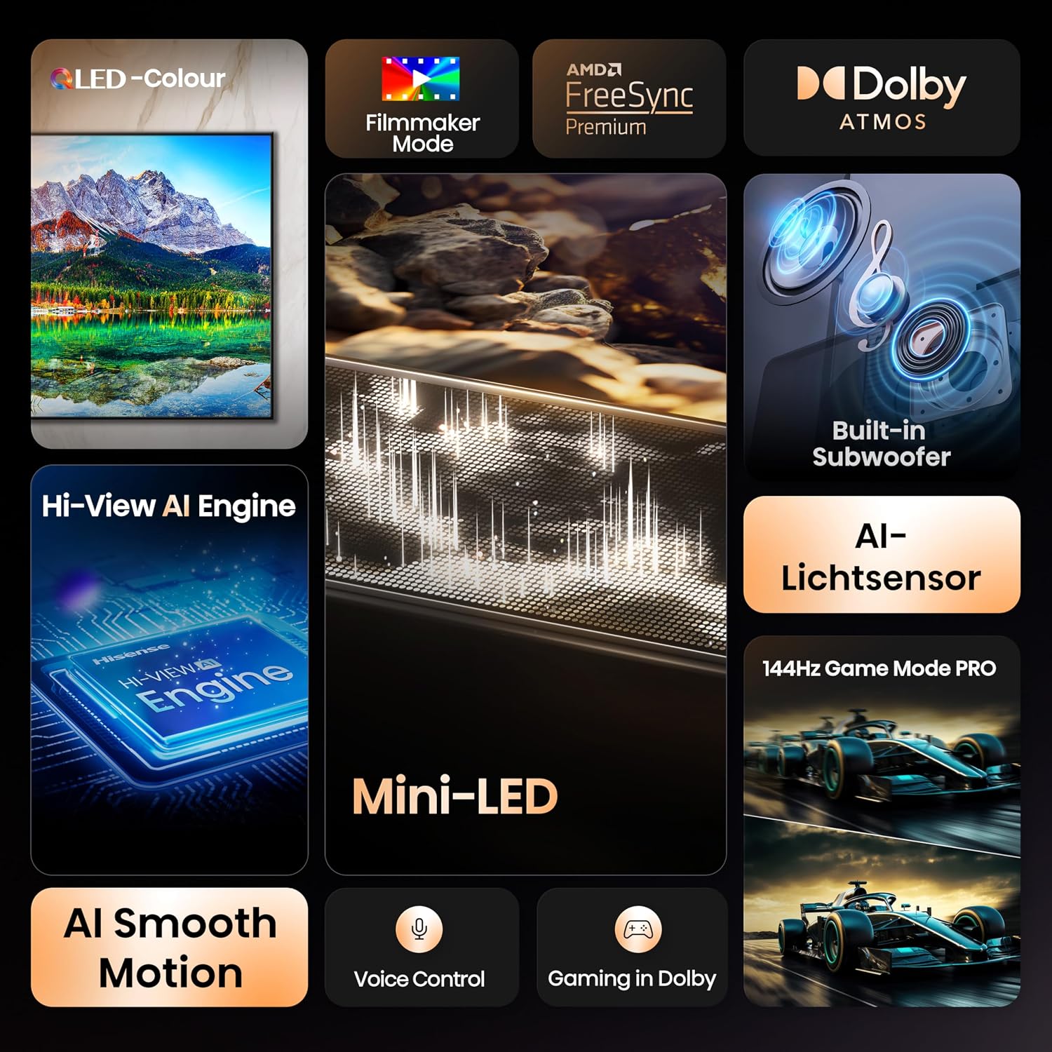 Hisense 55E89Q Fernseher, 55 Zoll (139cm), 4K ULED Mini LED, Smart TV, 144Hz Game Mode PRO, Hi-View AI Engine, AI Smoothmotion, Built-in Subwoofer, Dolby Vision.Atmos, Filmmaker Mode, Hi-Concerto