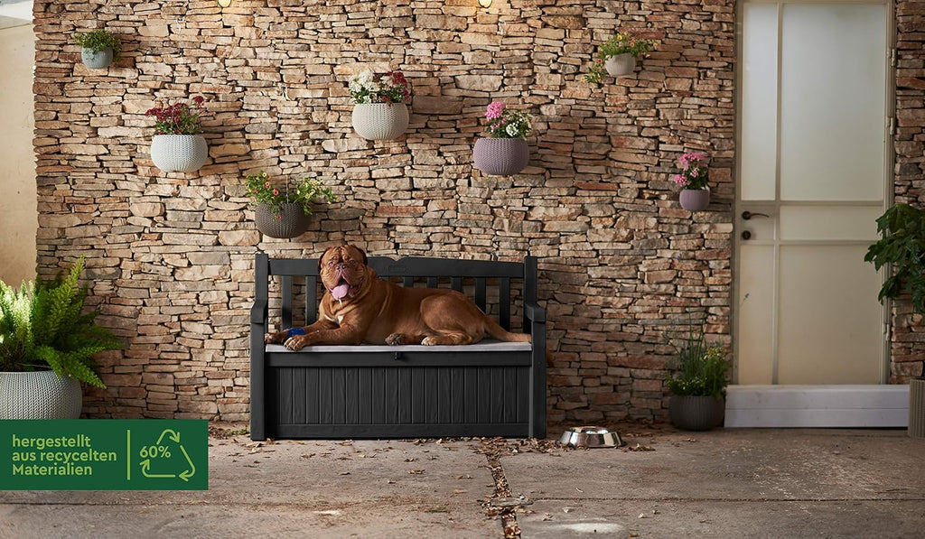 Keter Sitzbank Eden für Balkon und Garten, Gartenbank mit integrierter Kissenbox mit 265 l Stauraum, 140x60x84cm, wetterfest, pflegeleicht, grau, Outdoor, Holzoptik