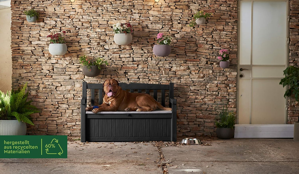 Keter Sitzbank Eden für Balkon und Garten, Gartenbank mit integrierter Kissenbox mit 265 l Stauraum, 140x60x84cm, wetterfest, pflegeleicht, grau, Outdoor, Holzoptik