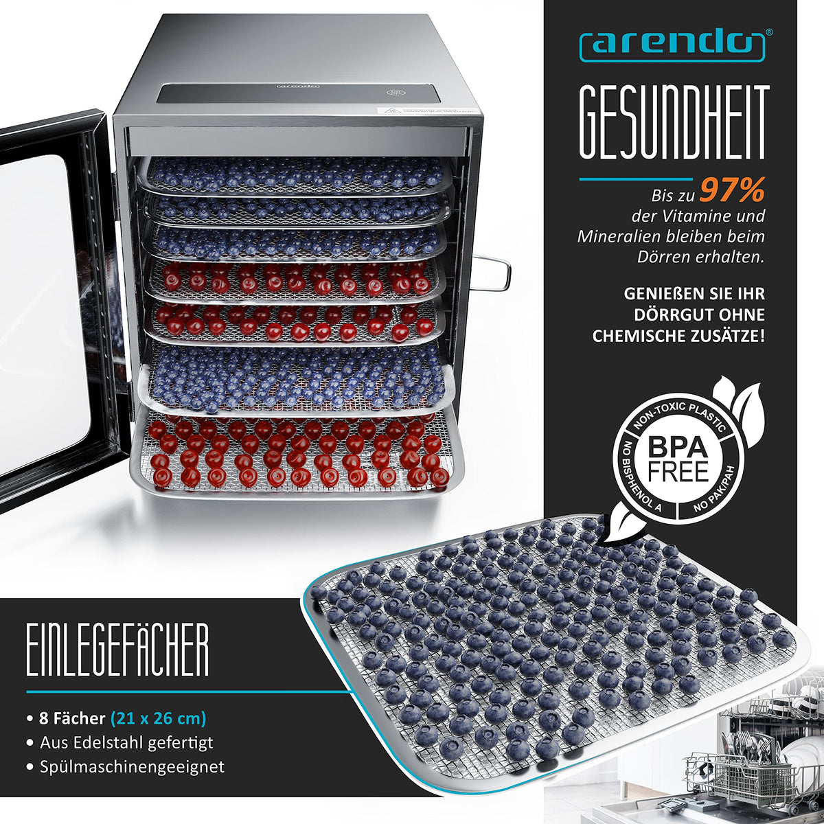 Arendo - Stainless steel dehydrator 8-fold - 500 watts with temperature control - dehydrator for food meat fruits fruit mushrooms - timer up to 24 hours - 8 compartments - GS - dehydratoro