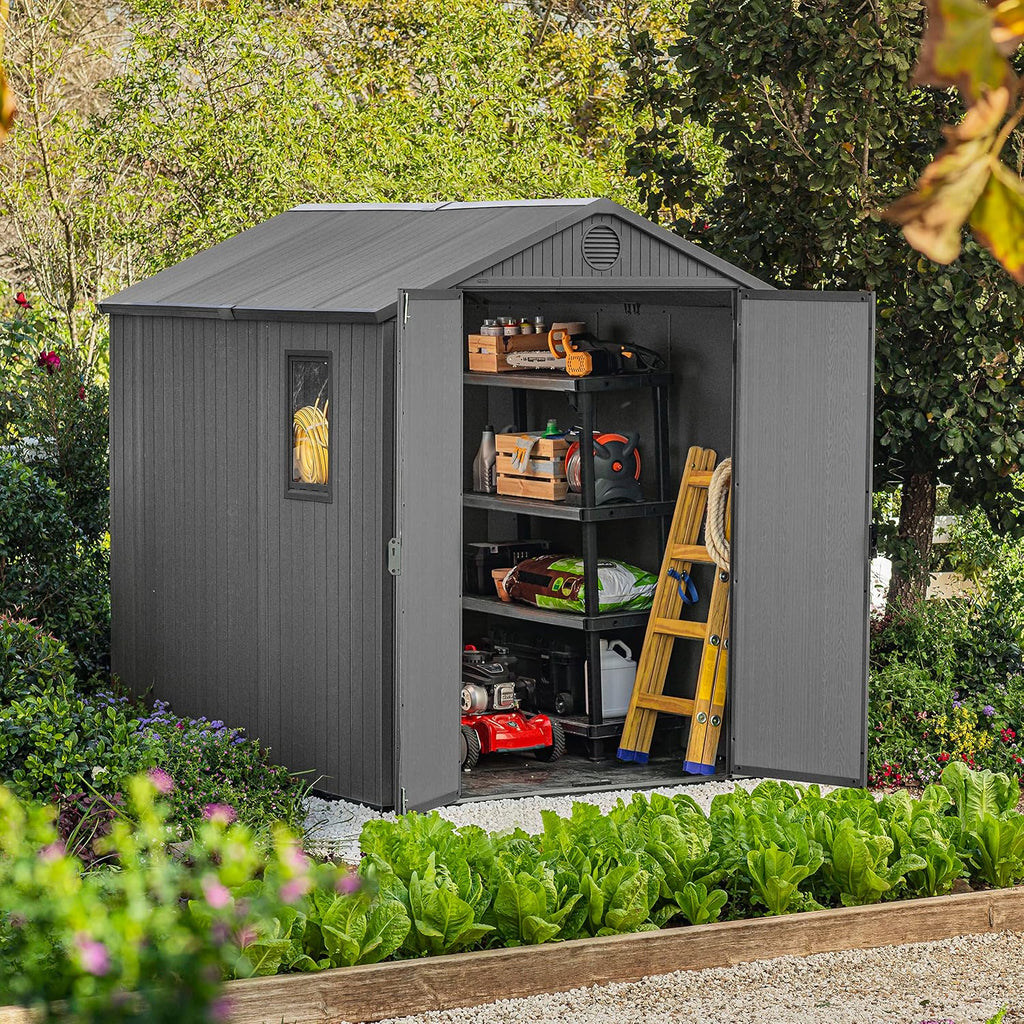 Keter Gerätehaus Darwin 6x8, Grau, Außenmaße 190x244x221cm, wartungsfrei, wetterfest, wasserdicht, mit Unterboden