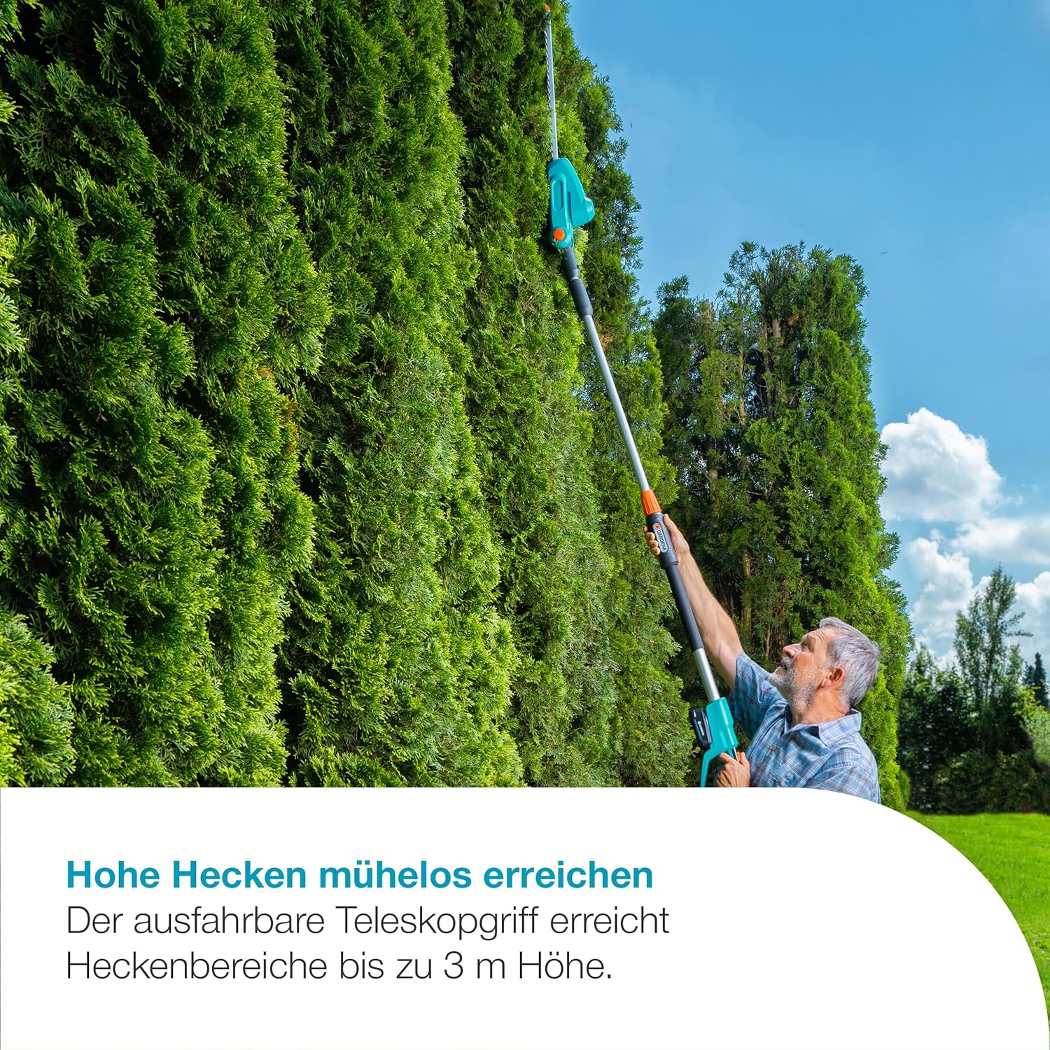 Gardena Akku-Teleskop-Heckenschere THS 42/18V P4A Ready-to-Use Set: Teleskopgriff, Reichweite bis 3 m, 42 cm Messer, Abwinkelbarer Kopf, Kabellos (14732-20)