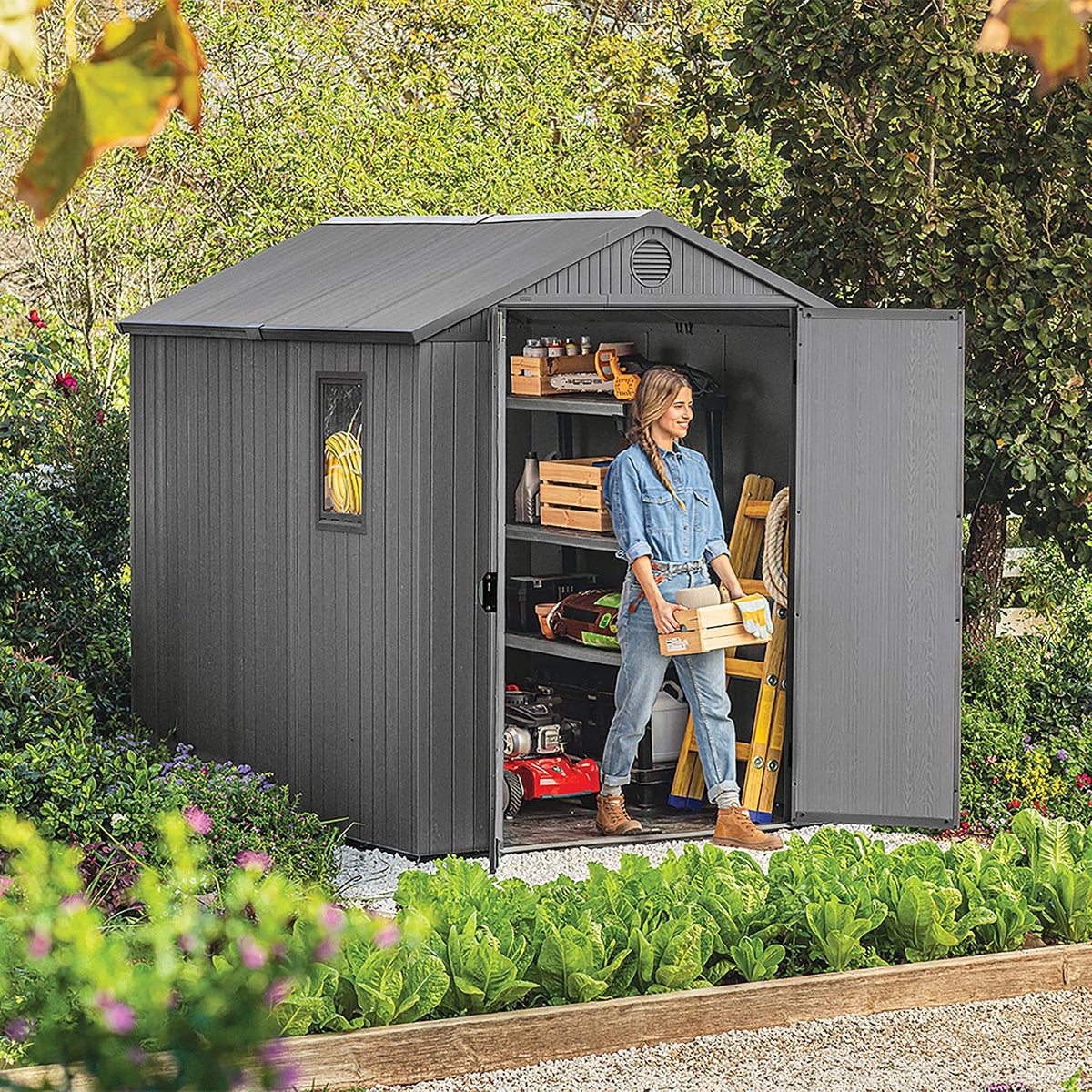 Keter Gerätehaus Darwin 6x8, Grau, Außenmaße 190x244x221cm, wartungsfrei, wetterfest, wasserdicht, mit Unterboden