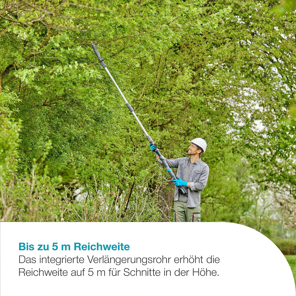 Gardena Akku-Teleskop-Baumschere HighCut 360/18V P4A ohne Akku: Astschere mit Teleskopstiel für Zweige in bis zu 5 m Höhe,schwenkbarer Schneidkopf, ergonomischer Griff, LED-Anzeige (14776-55)