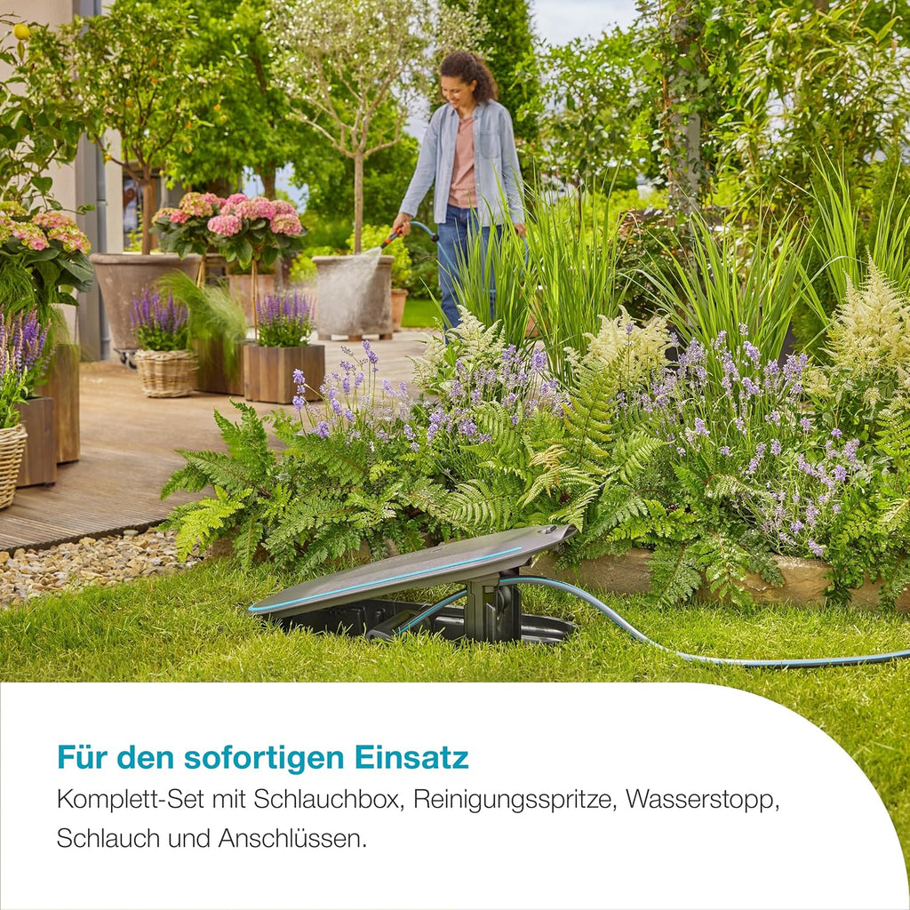 Gardena Undercover Schlauchbox RollUp M, 20 m Schlauch, diskrete unterirdische Installation, automatische Aufrollfunktion, wetterfest, flexible Anschlussmöglichkeiten (18650-20)