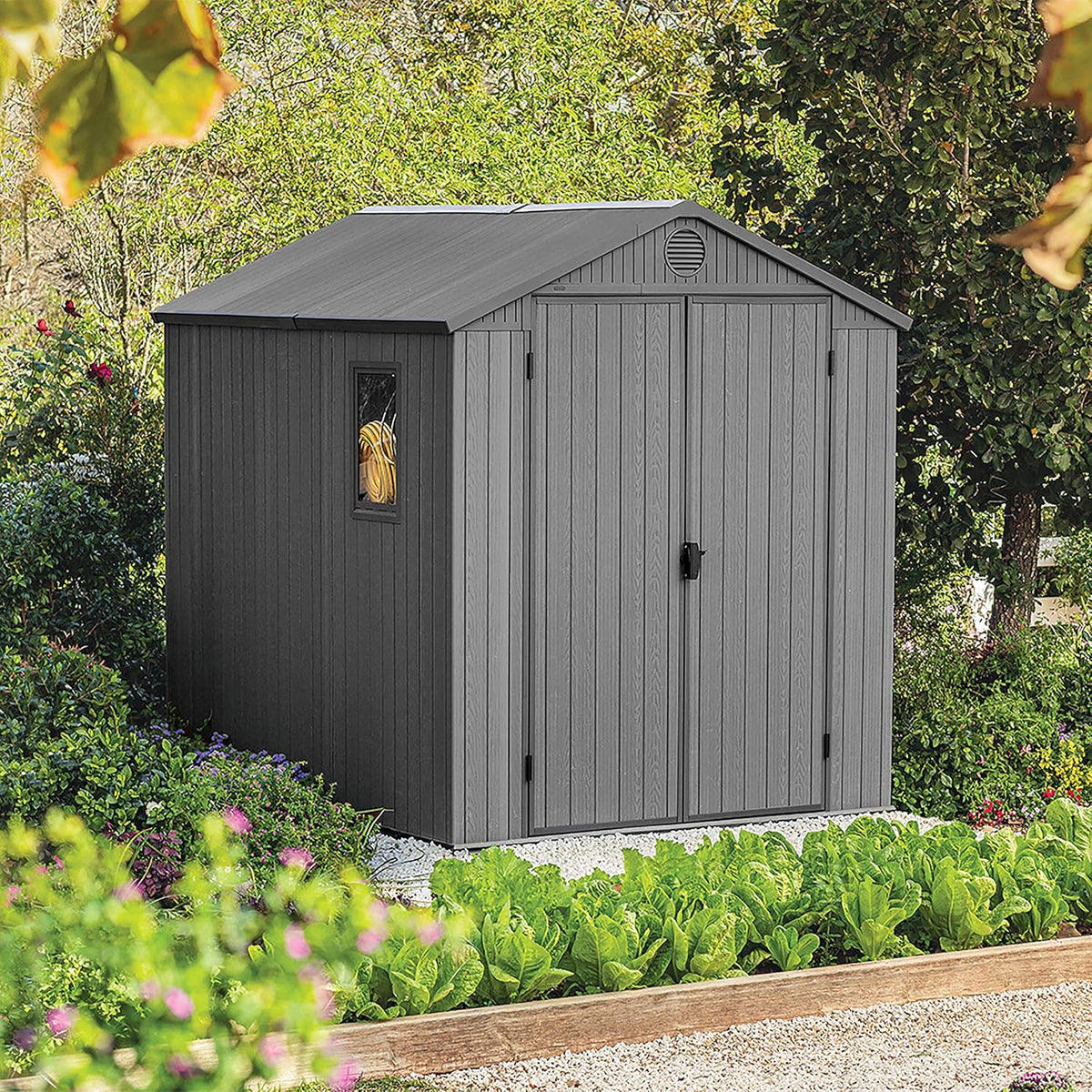 Keter Gerätehaus Darwin 6x8, Grau, Außenmaße 190x244x221cm, wartungsfrei, wetterfest, wasserdicht, mit Unterboden