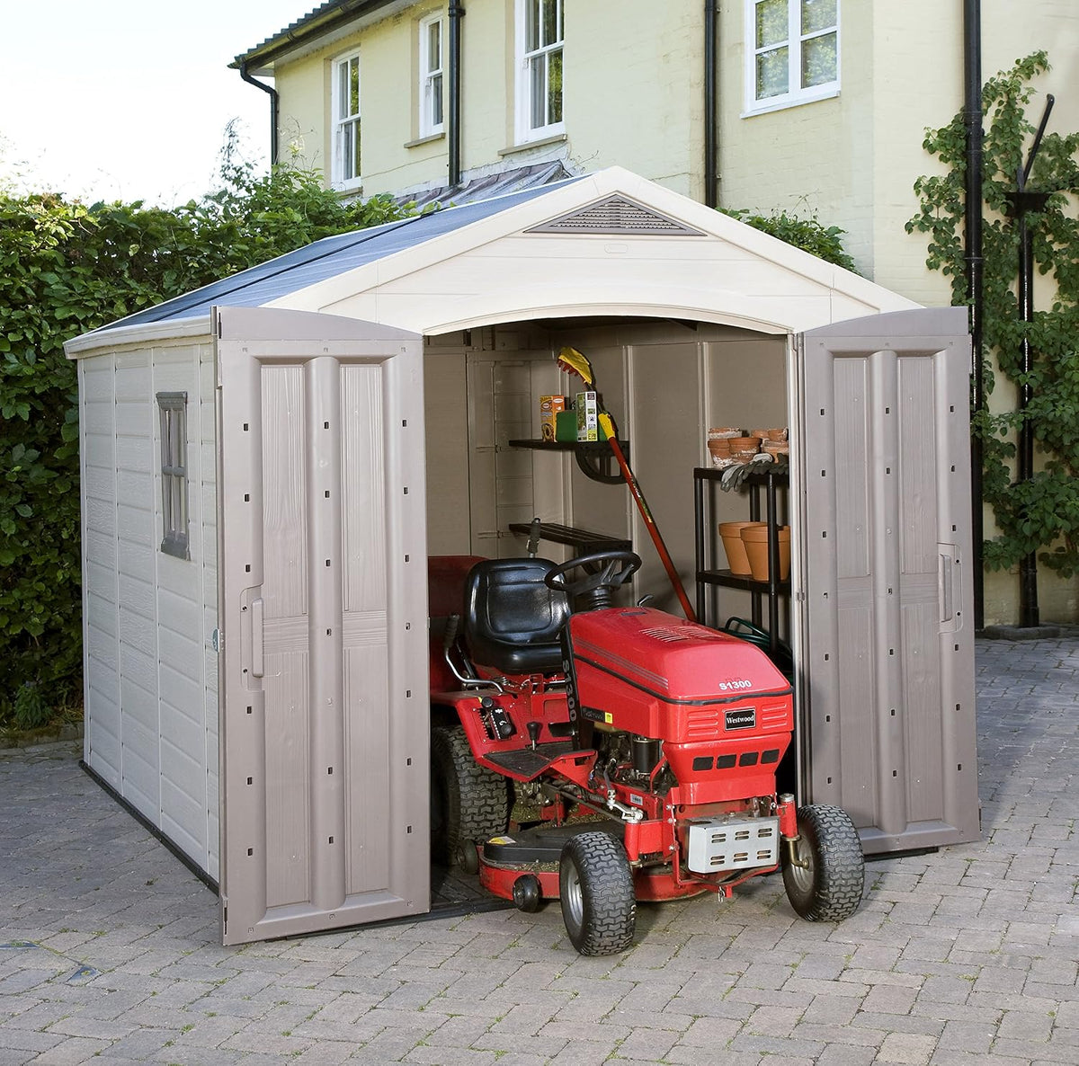 Keter Gerätehaus Factor 8x11, Beige, 15.5m³ Rauminhalt, Außenmaße (B/T/H): 256.5 x 332 x 243 cm, wetterfest, wasserdicht, UV-beständig, Outdoor