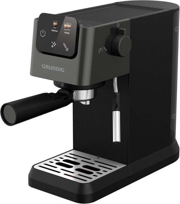 GRUNDIG KSM 5330 Siebträgermaschine mit integriertem Milchbehälter, 1628 W Leistung, 15 bar Pumpendruck, Zweifachdüse, farbiges Touch-Display, BrewSense, CreamyPro, Dark Inox/Schwarz 1