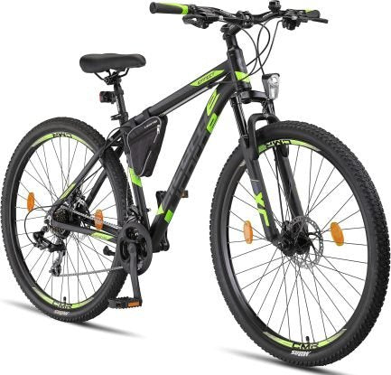 Licorne Bike Effect Premium Mountainbike Aluminium Discbremse Jungen Mädchen 21 Gang(Schwarz/Lime (2xDisc-Bremse)/29.0 Zoll)